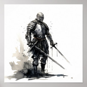 Knight with Sword - Striking Side View Poster