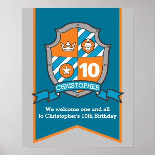 Knights boys 10th birthday heraldry crest welcome poster