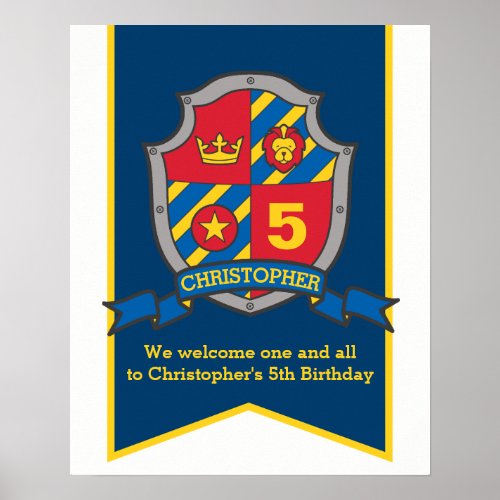 Knights boys 5th birthday heraldry shield welcome poster