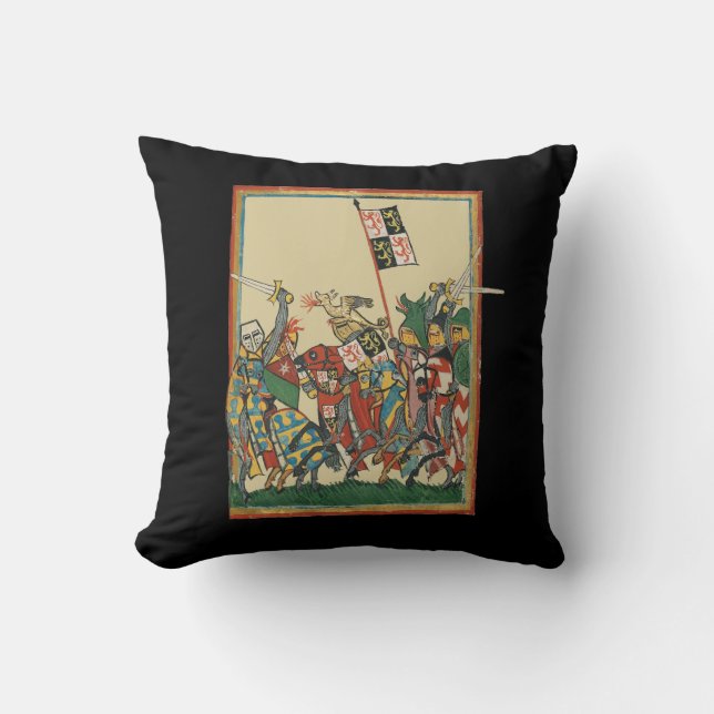 Knights Charging, 14th Century Codex Manesse Throw Pillow (Front)