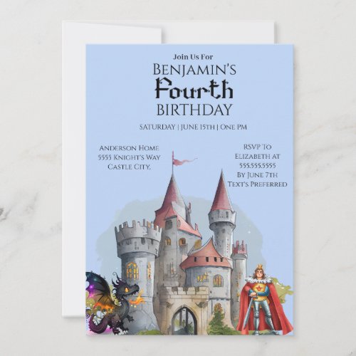 Knights Dragons Medieval Castle 4th Birthday Invitation