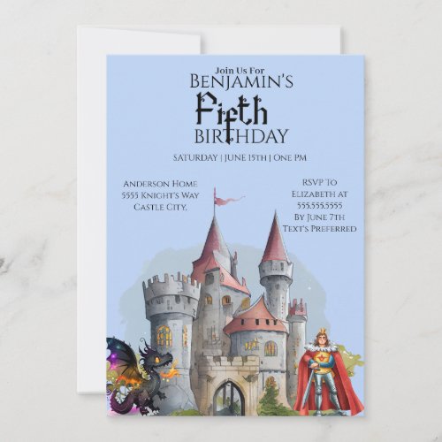 Knights Dragons Medieval Castle 5th Birthday Invitation