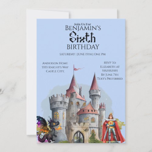 Knights Dragons Medieval Castle 6th Birthday Invitation