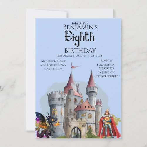 Knights Dragons Medieval Castle 8th Birthday  Invitation