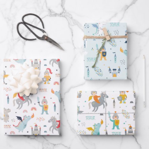 Knights  Dragons Wrapping Paper Set of 3