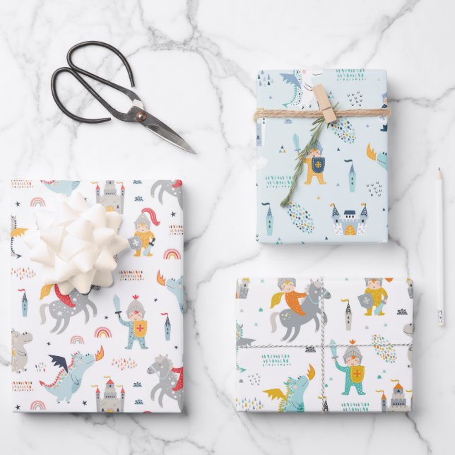 Knights & Dragons Wrapping Paper Set of 3 (Front)