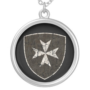 Knights Hospitaller Cross, Distressed Silver Plated Necklace