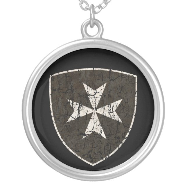 Knights Hospitaller Cross, Distressed Silver Plated Necklace (Front)