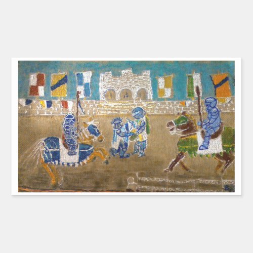 Knights in joust tournament in green and red rectangular sticker