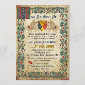 Knights Jousting Medieval Manuscript Birthday Invitation