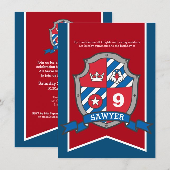 Knights medieval kids birthday party red blue invitation (Front/Back)