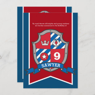 Knights medieval kids birthday party red blue invitation