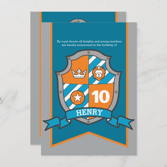 Knights medieval shield kids 10th birthday invites (Front/Back)