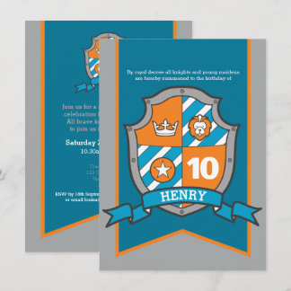 Knights medieval shield kids 10th birthday invites