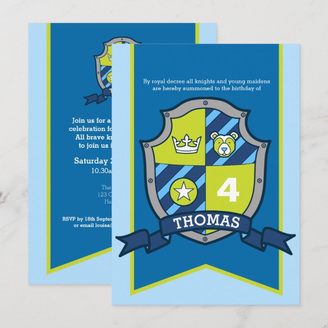 Knights medieval shield kids 4th birthday invites (Front/Back)