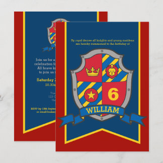 Knights medieval shield kids 6th birthday invites