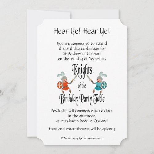 Knights of the Birthday Party Table Invitation