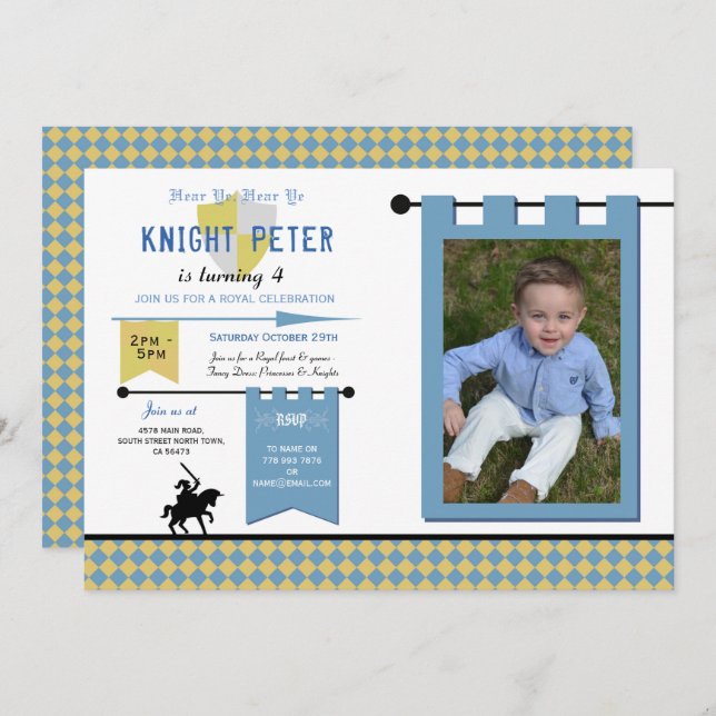 Knights Photo Medieval Birthday Party Blue Invitation (Front/Back)