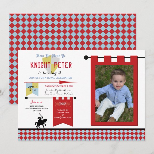 Knights Photo Medieval Birthday Party Blue Red Invitation (Front/Back)