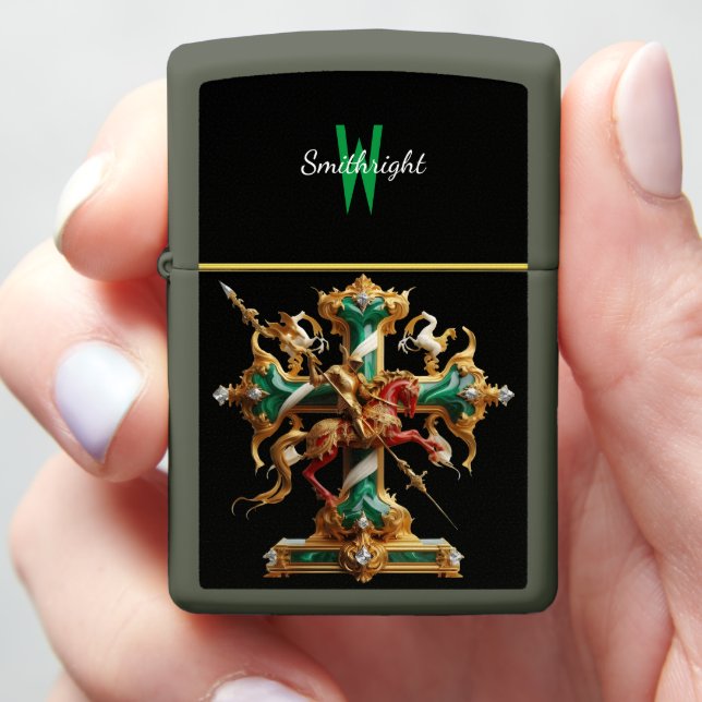 Knights Quest: The Green and Gold Cross Zippo Lighter (In Hand)