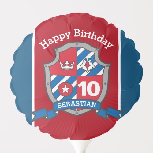 Knights shield 10th birthday custom blue red boys balloon