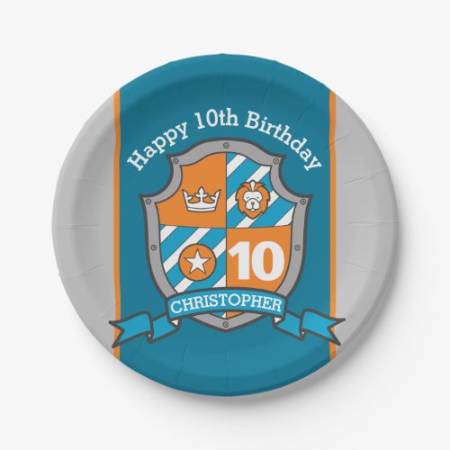 Knights shield 10th birthday party custom plate