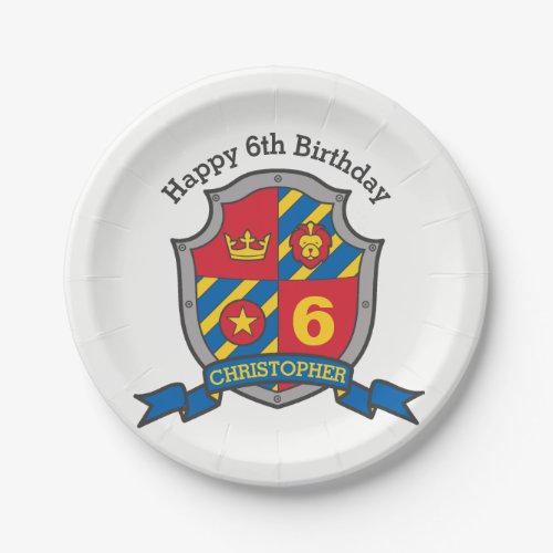 Knights shield 6th birthday party custom plate