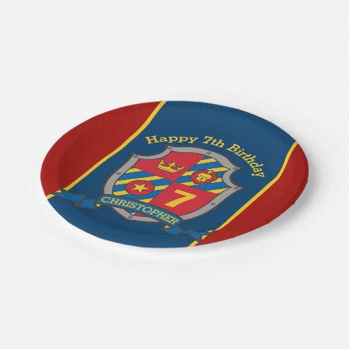 Knights shield 7th birthday red party custom plate