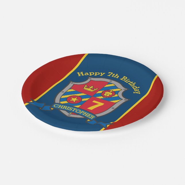 Knights shield 7th birthday red party custom plate (Angled)