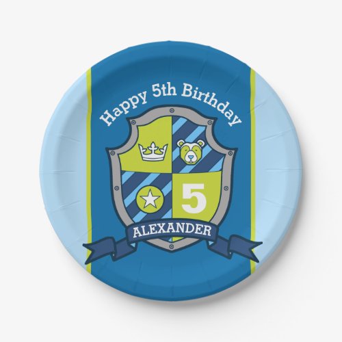 Knights shield bear 5th birthday custom plate