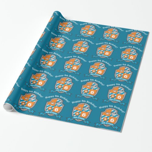 knights shield dog boys 6th birthday wrapping paper