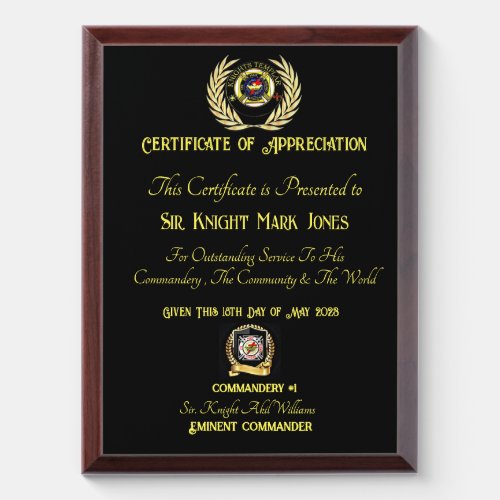 Knights Templar Certificate of appreciation    Award Plaque