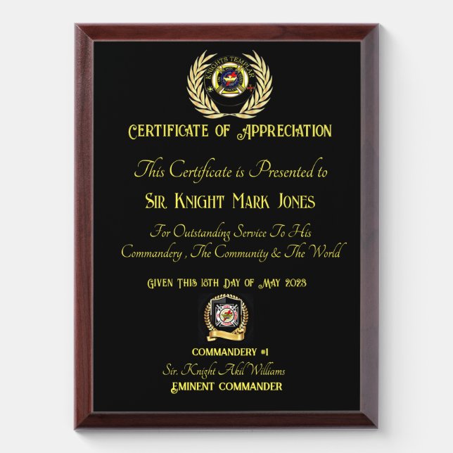 Knights Templar Certificate of appreciation    Award Plaque (Vertical)