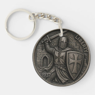 Knights Templar Crusader Hobo Nickel Carved Coin Keychain