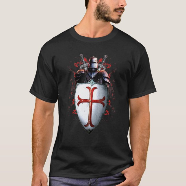 Knights Templar Flag Helmet Cross Sword T-Shirt (Front)