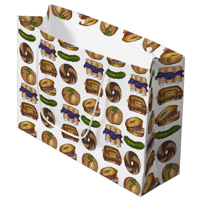 Knish Bagel Blintz Reuben Pickle Lox NYC Deli Food Large Gift Bag (Front Angled)