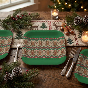 Knit Gingerbread Man Christmas Pattern Paper Plates