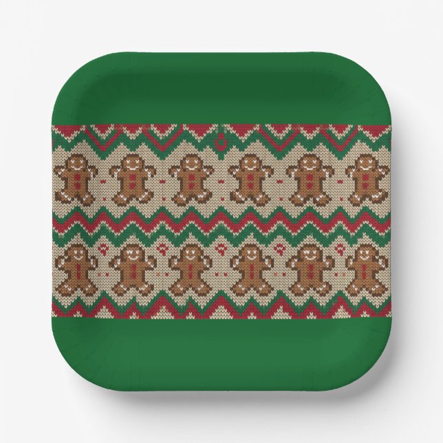 Knit Gingerbread Man Christmas Pattern  Paper Plates (Front)