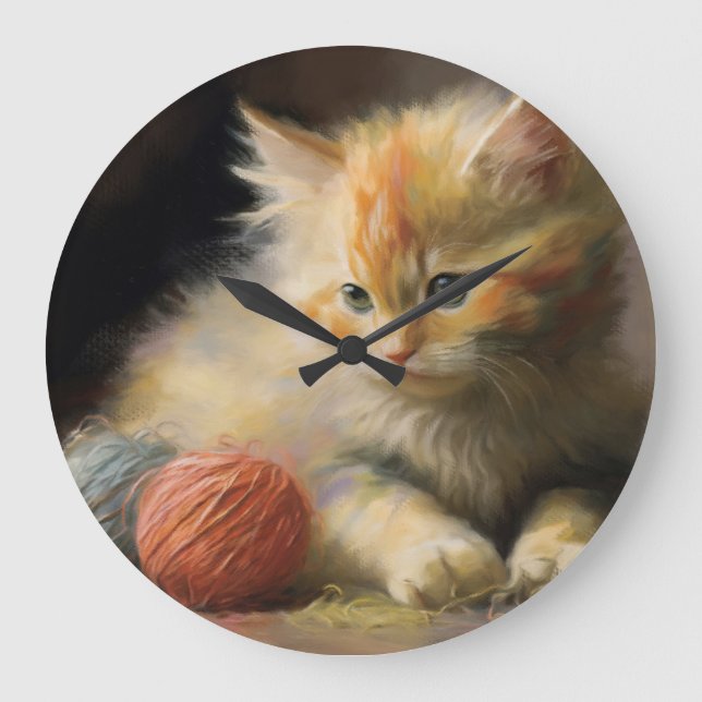 Knit Happens Orange Kitten With Yarn Large Clock (Front)