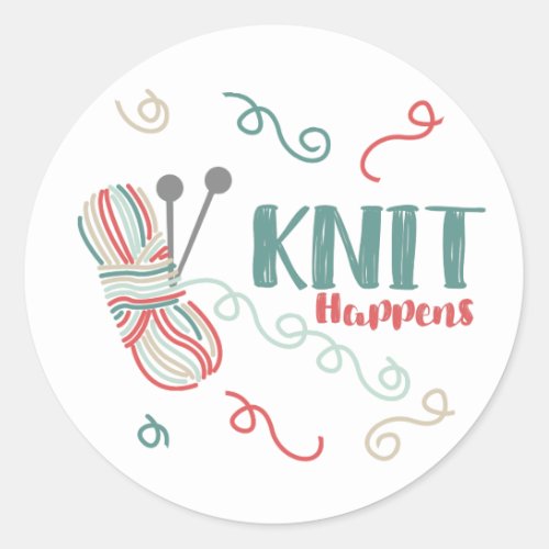 Knit Happens w Multi_Color Ball of Yarn _ Knitters Classic Round Sticker