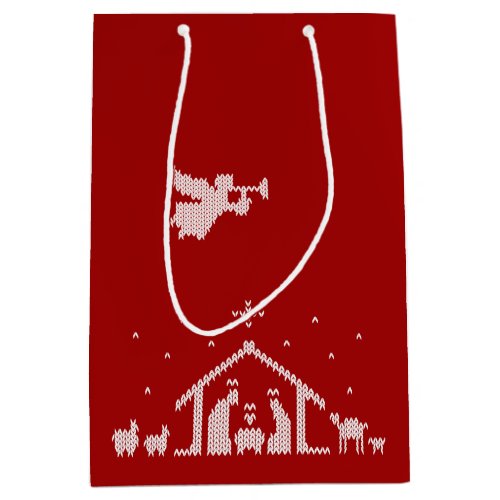 Knit Nativity Scene Christian Christmas Red White Medium Gift Bag