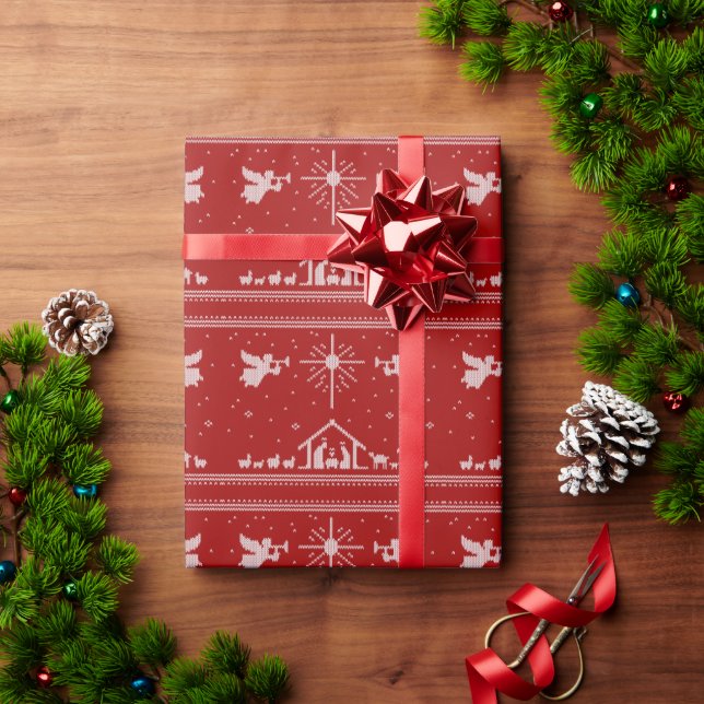 Knit Nativity Scene Christian Christmas Red White Wrapping Paper (Holiday Gift)