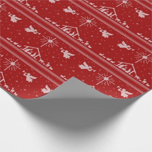 Knit Nativity Scene Christian Christmas Red White Wrapping Paper