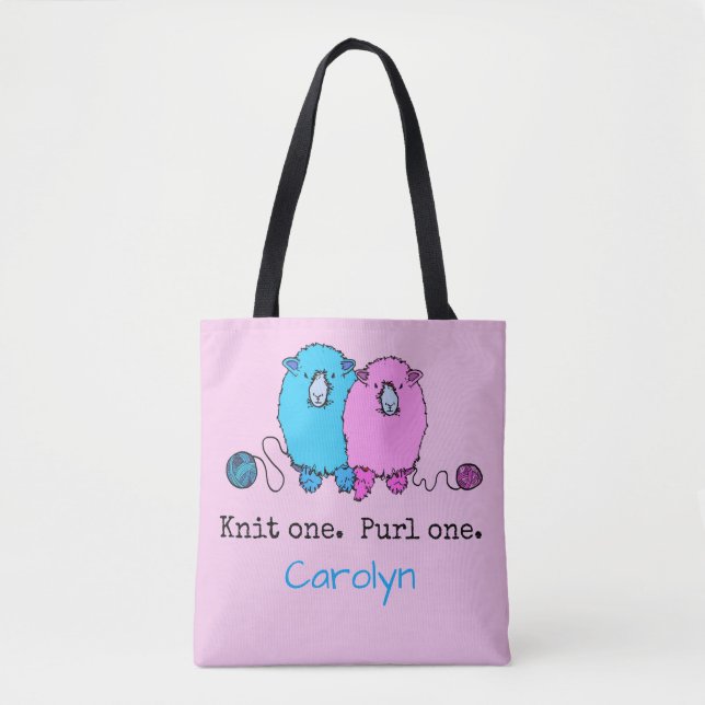 Knit one  Purl one.  Fun fluffy sheep personalized Tote Bag (Front)