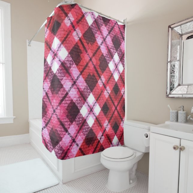 Knit Plaid Tartan Check Pink White Wine Pattern Shower Curtain (In Situ)