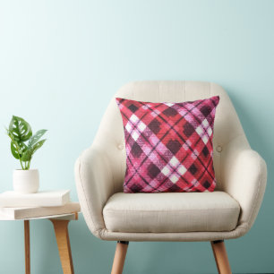 Knit Plaid Tartan Check Pink White Wine Pattern Throw Pillow