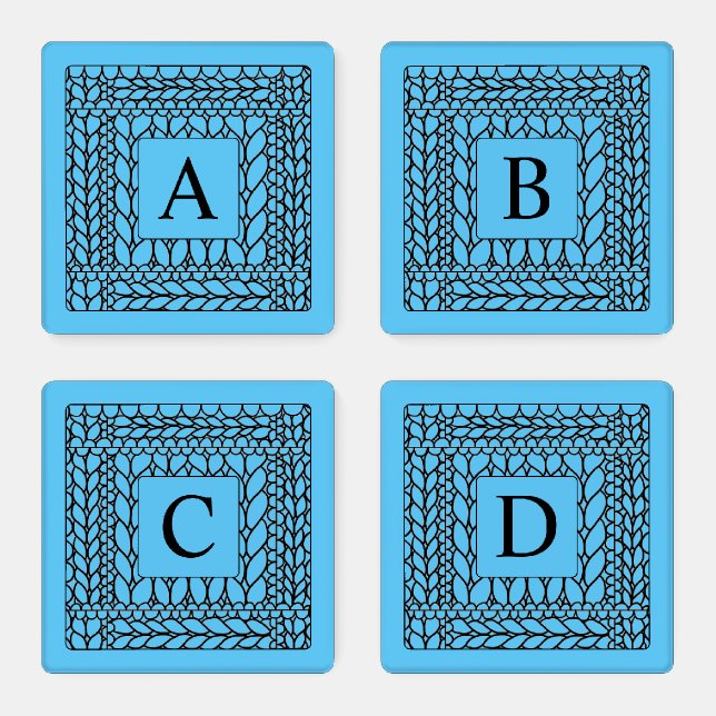 KNIT PURL BLUE Square Acrylic Coasters + Initial  (Set)