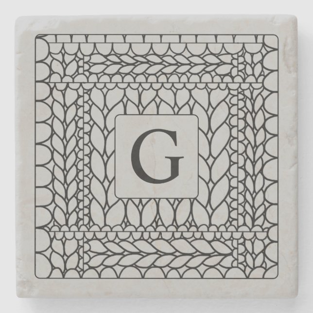 KNIT PURL GRAY Marble Stone Coaster + Initial (Front)