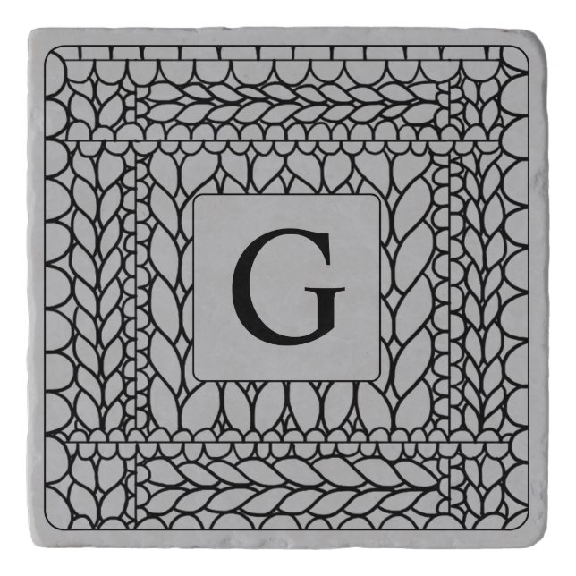 KNIT PURL GRAY Marble Stone Trivet + Initial (Front)