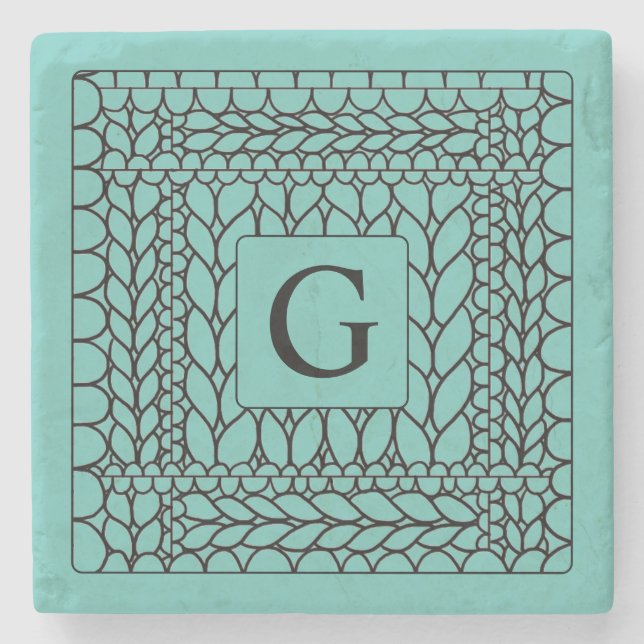 KNIT PURL TEAL Marble Stone Coaster + Initial  (Front)